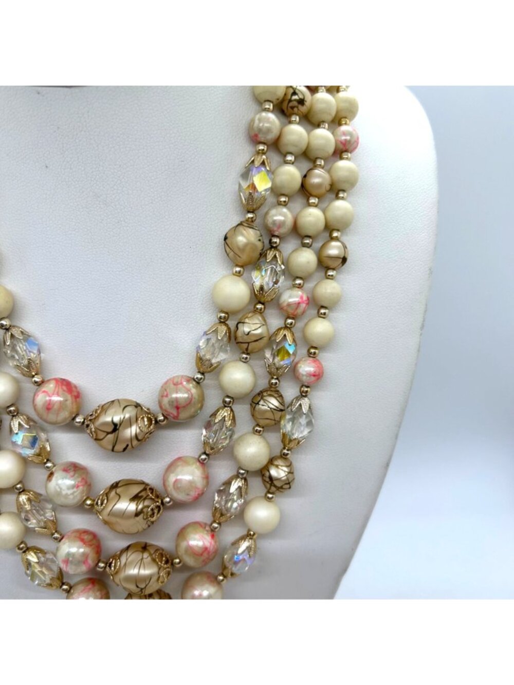 Vintage 4-Strand Japan Necklace Pink Swirl Beads Glass Acrylic Gold-Tone 1950s - Picture 6 of 16